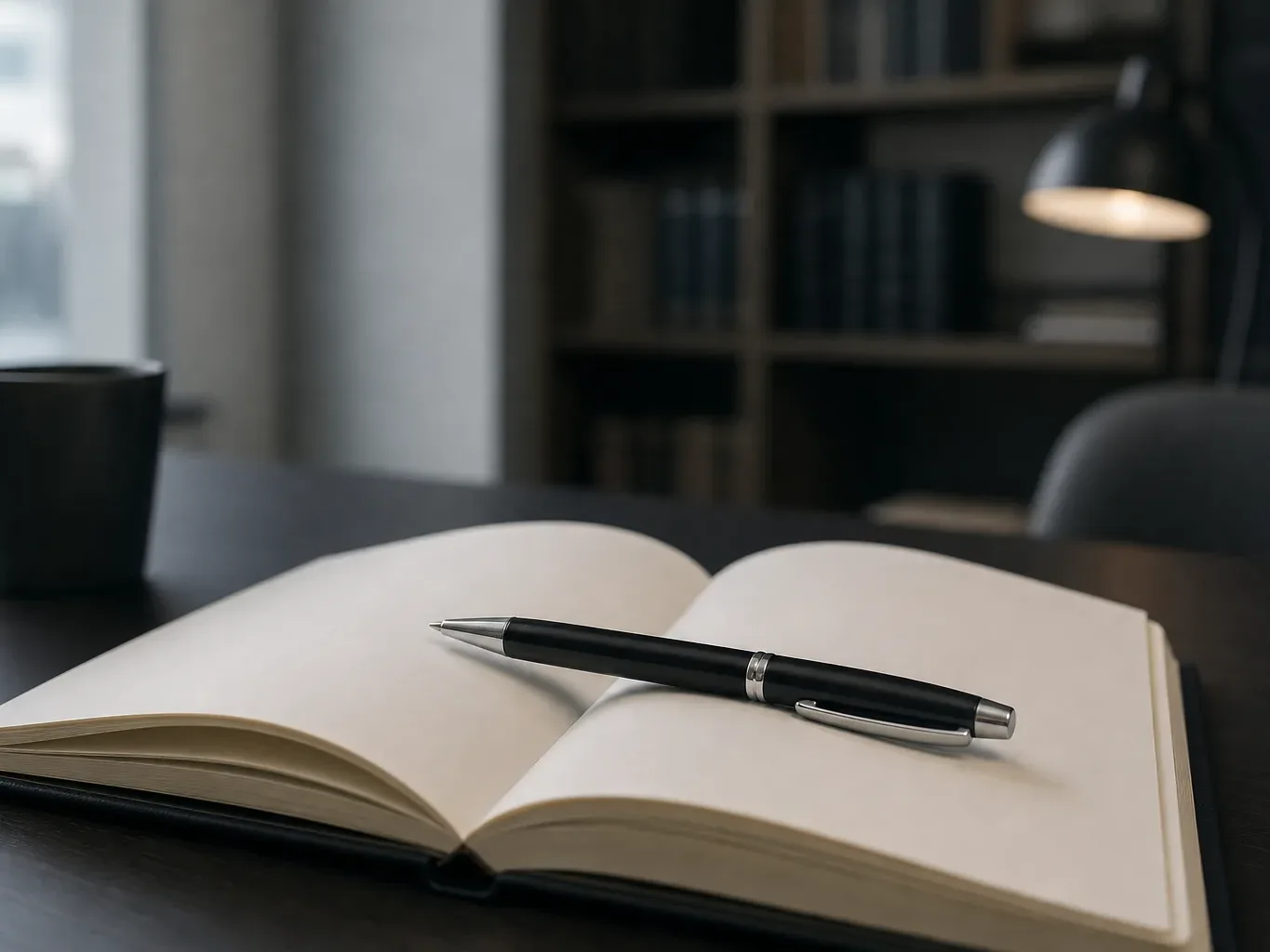 An open notebook with blank pages and a black ballpoint pen resting across it, on a dark desk beside a mug, with a bookcase and lamp softly blurred behind