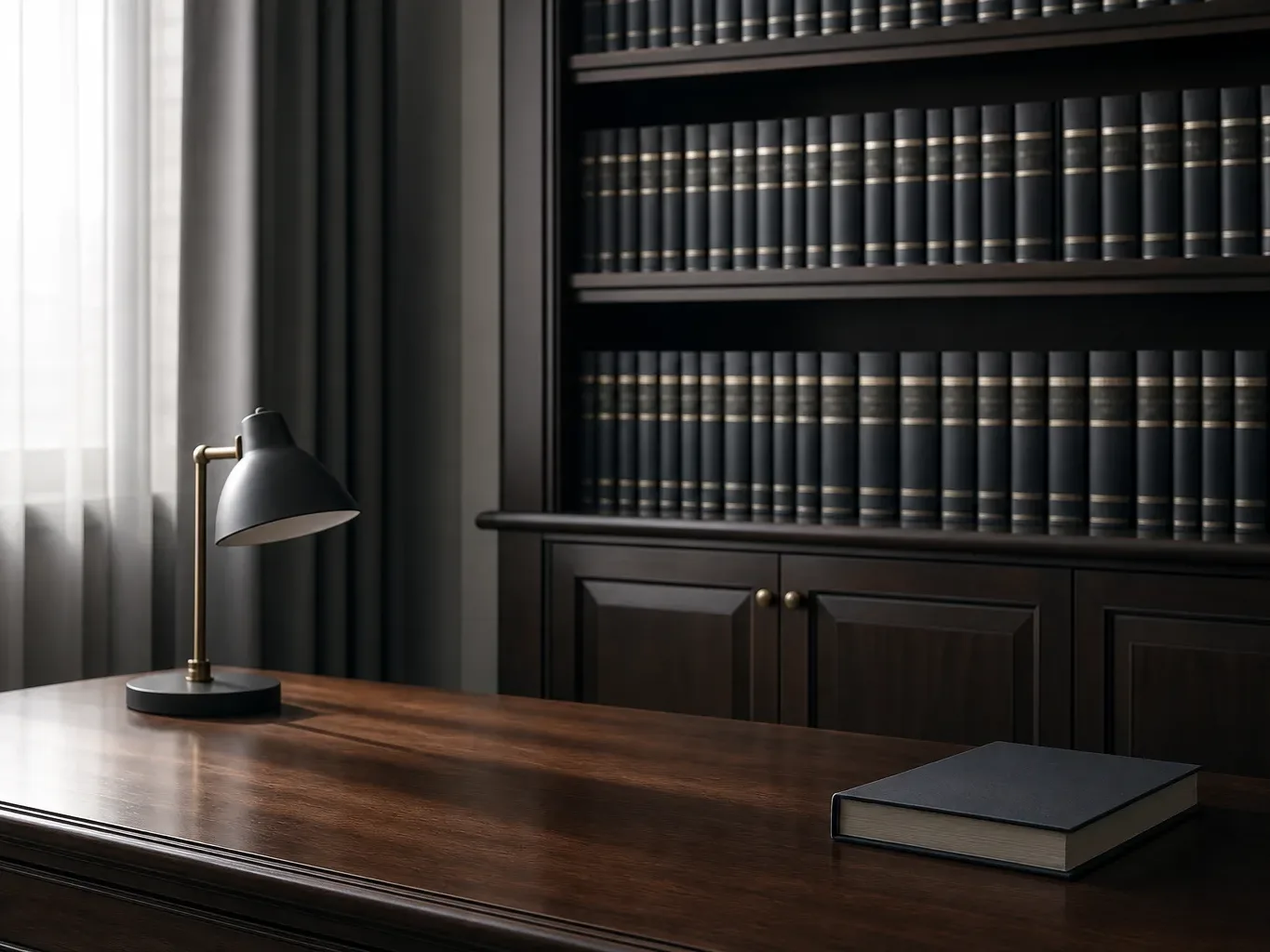 A dark wood desk with a brass-and-black lamp and a single closed book, in front of a floor-to-ceiling bookcase filled with uniform dark bound volumes