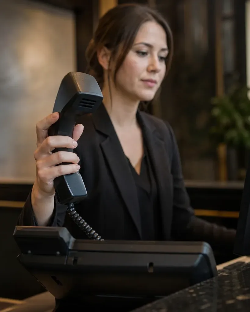 A receptionist in dark business attire lifts a desk phone handset at a reception counter, glancing toward a monitor in a warmly lit lobby area