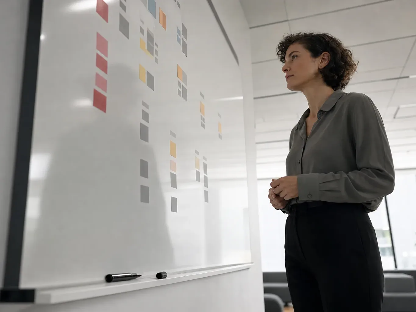 A person stands beside a whiteboard covered in coloured sticky notes in a bright office meeting room, hands clasped, viewed from a low angle