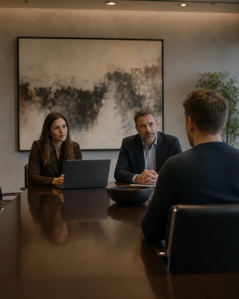 Three people sit at a long polished conference table in a darkened meeting room, two facing the camera with an open laptop between them and one seated with their back to the camera