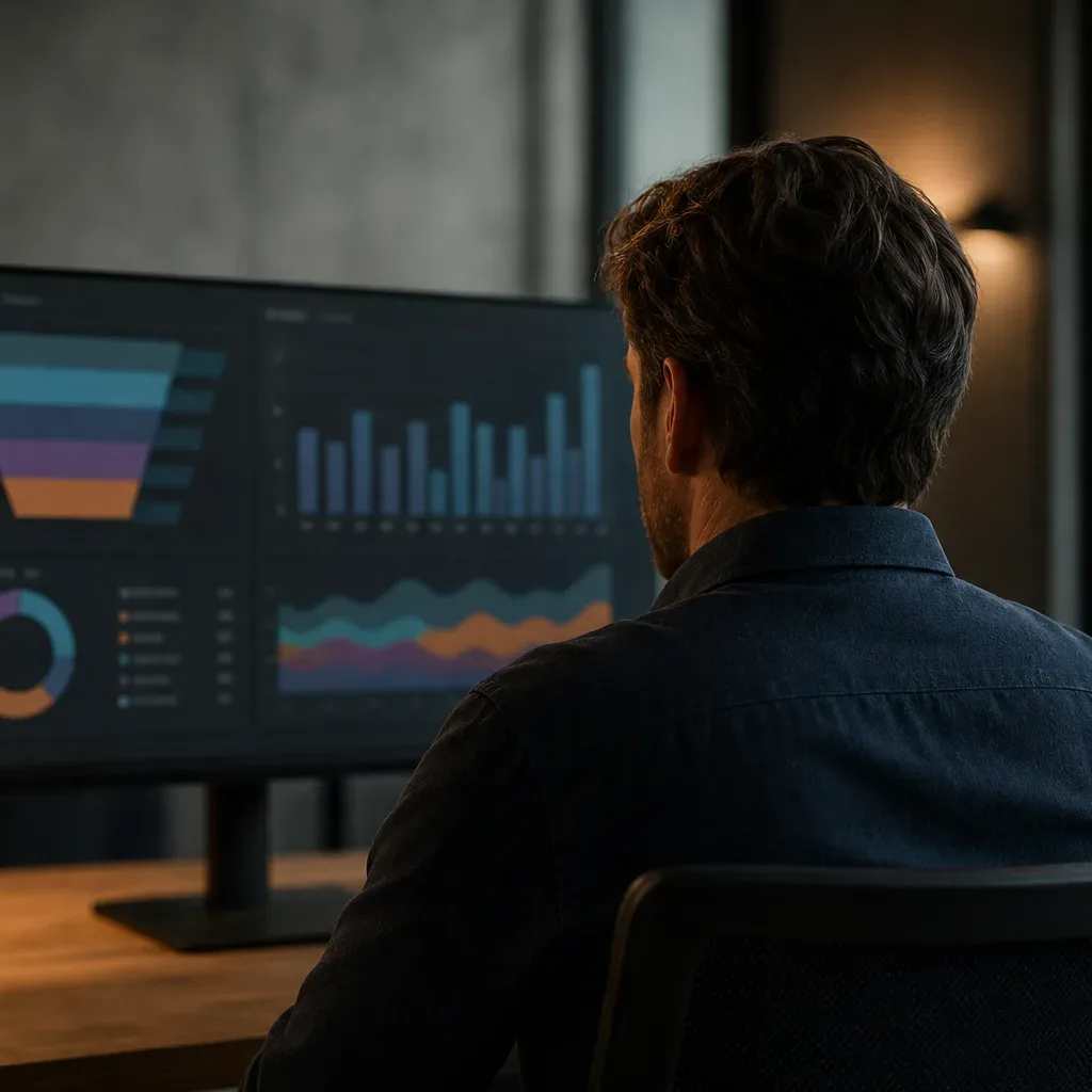 A person sits with their back to camera at a desk, studying a wide monitor displaying colourful charts and graphs in a dimly lit office