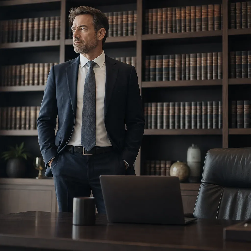 A person in a dark suit stands with hands in pockets beside a large desk in an office lined floor-to-ceiling with bound volumes
