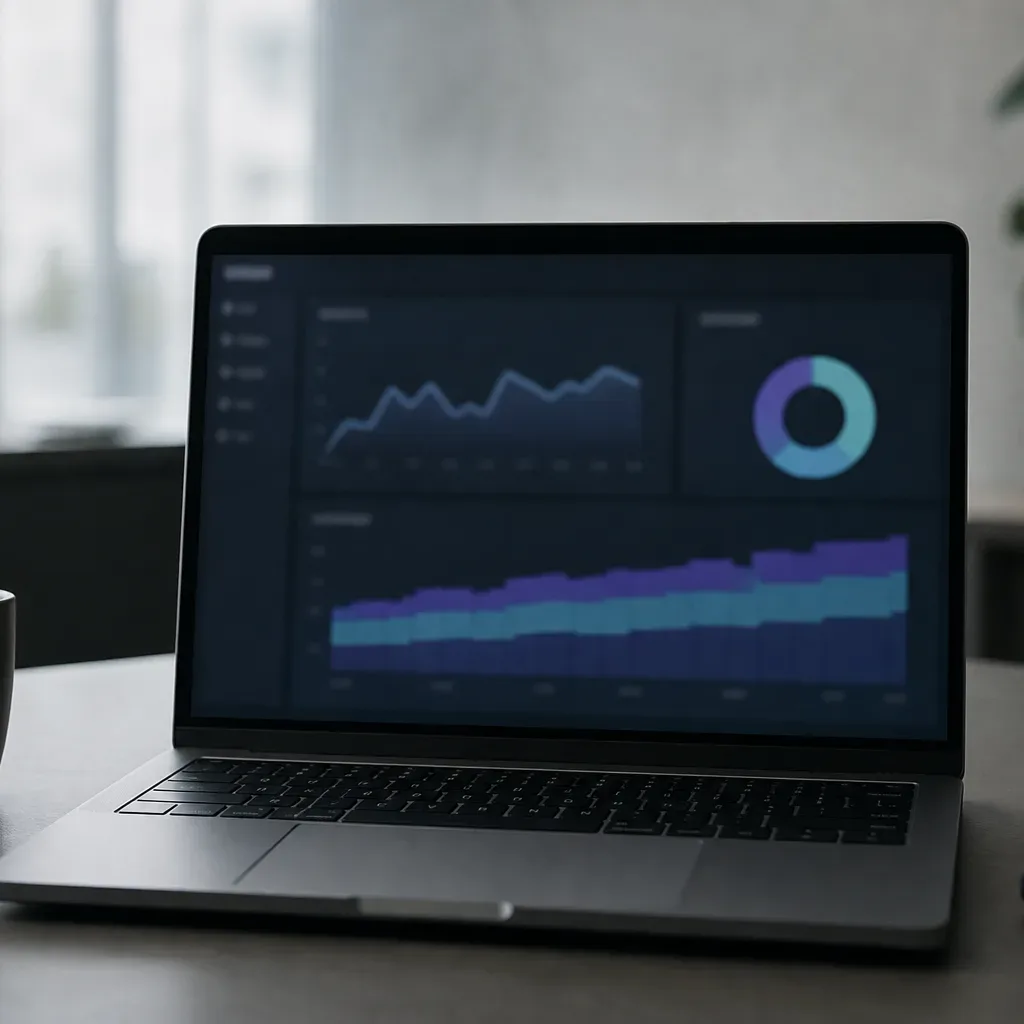 An open laptop on a dark desk displays a blurred analytics dashboard with line, area, and doughnut charts, beside a grey mug and a small potted plant