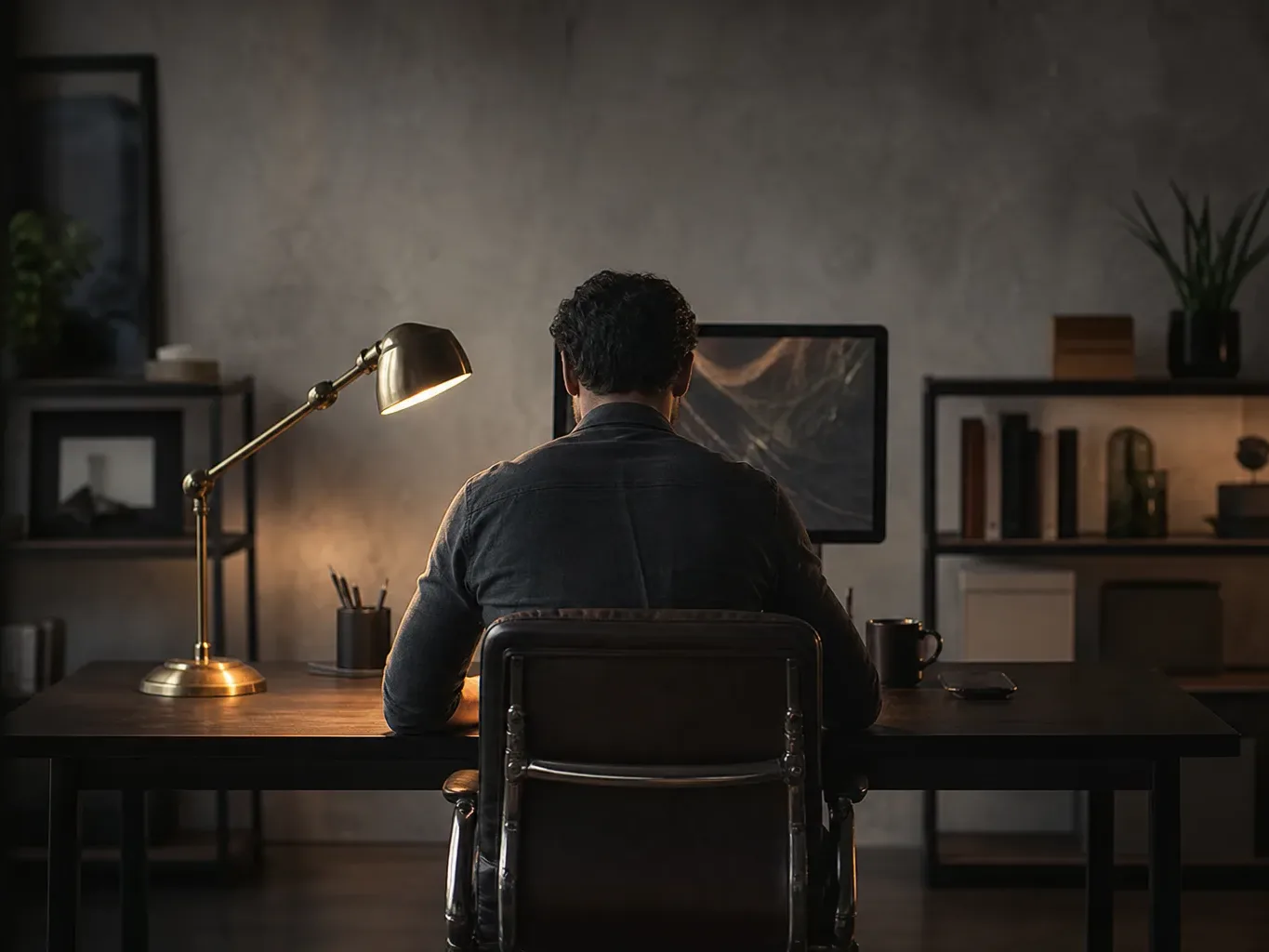 A person sits with their back to camera at a dark wooden desk, working at a monitor by the warm glow of a brass adjustable desk lamp