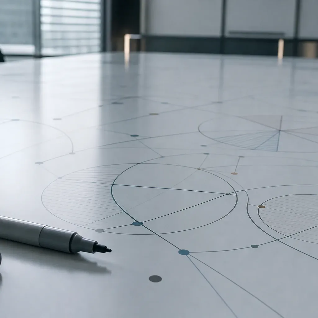 An uncapped marker rests beside its cap on a smooth white surface covered with faint geometric diagrams of intersecting circles and connecting lines, in a bright modern meeting room