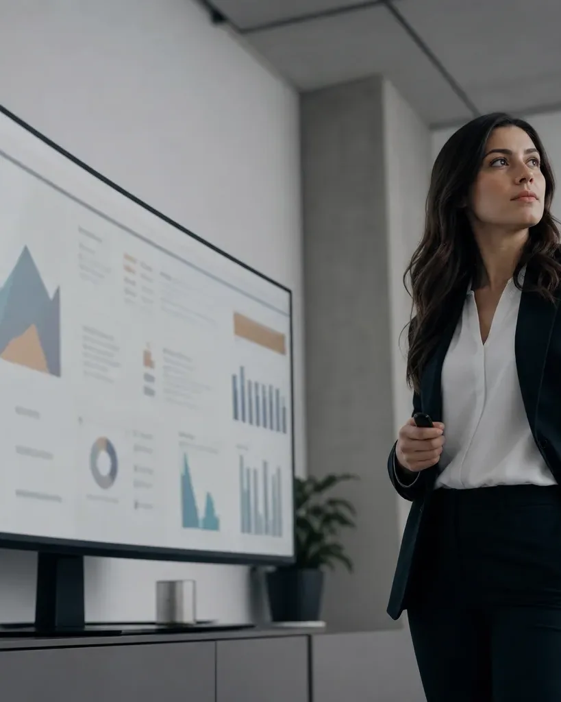 A person in a dark suit stands beside a large monitor displaying colourful graphs and charts in a meeting room, holding a clicker