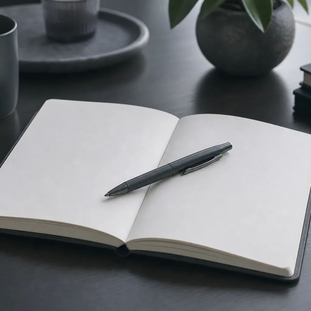 An open notebook with blank pages and a dark ballpoint pen resting across the spine, on a dark desk beside a grey mug and a small potted plant