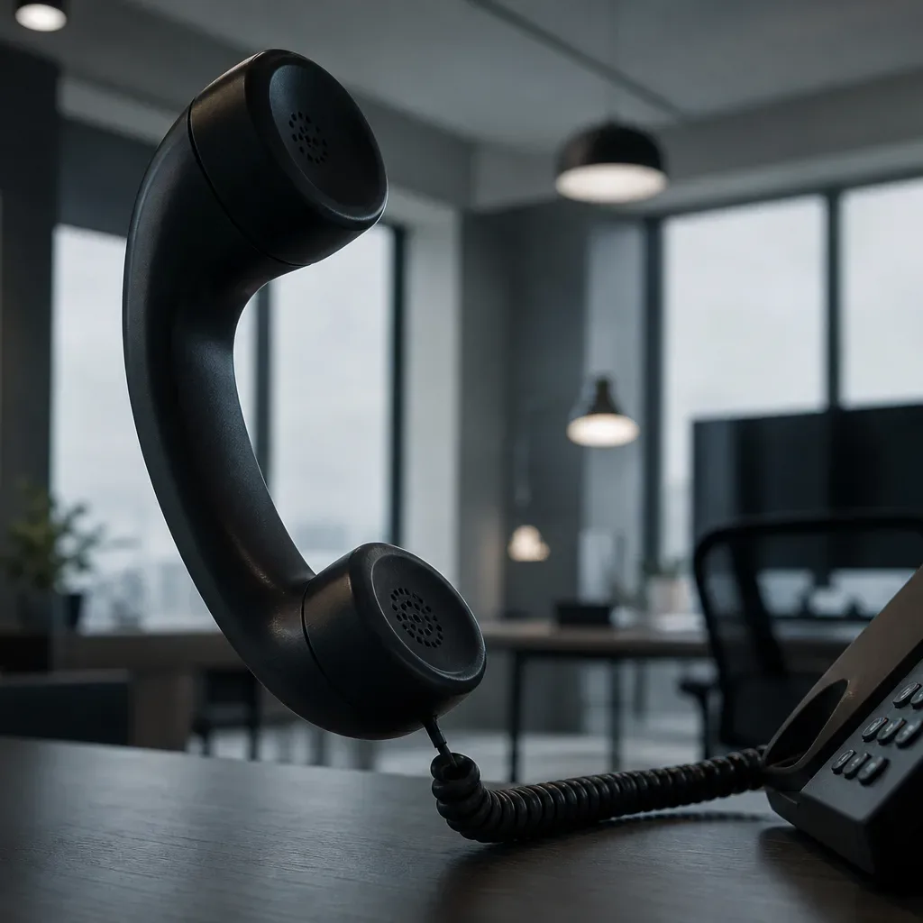 A telephone handset lifted from its base unit, cord trailing across a dark desk, in a dimly lit office with large windows beyond