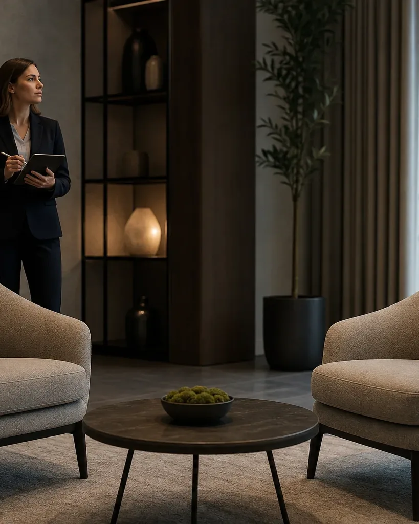 A person in a dark suit holds a notepad and pen while standing beside two upholstered armchairs angled toward a low round coffee table in a softly lit consultation room
