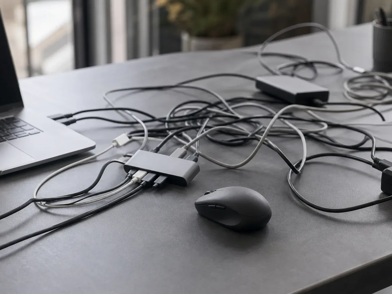 A tangle of cables connected to a USB hub sits beside a wireless mouse on a grey work surface, with a laptop open nearby