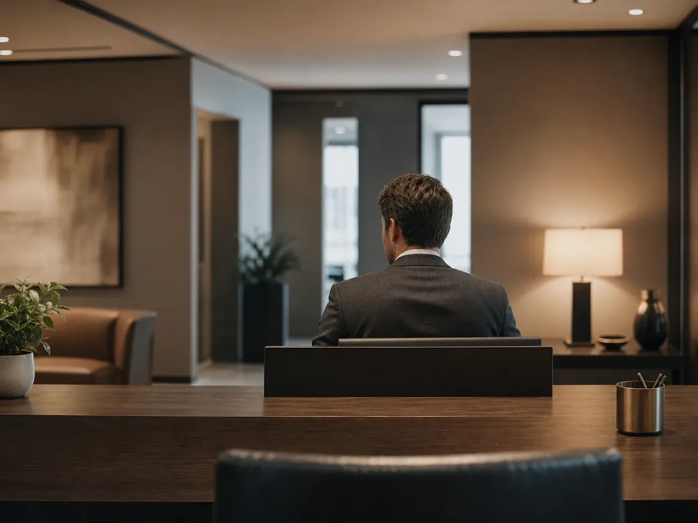 A person in a dark suit sits with their back to camera at a reception desk with a small potted plant and a pen holder, in a warmly lit professional office interior