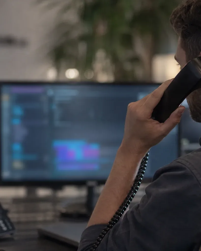 A person sits at a desk on a telephone call, holding the handset to their ear, with monitors displaying colourful abstract data visible ahead and a colleague working in the blurred background