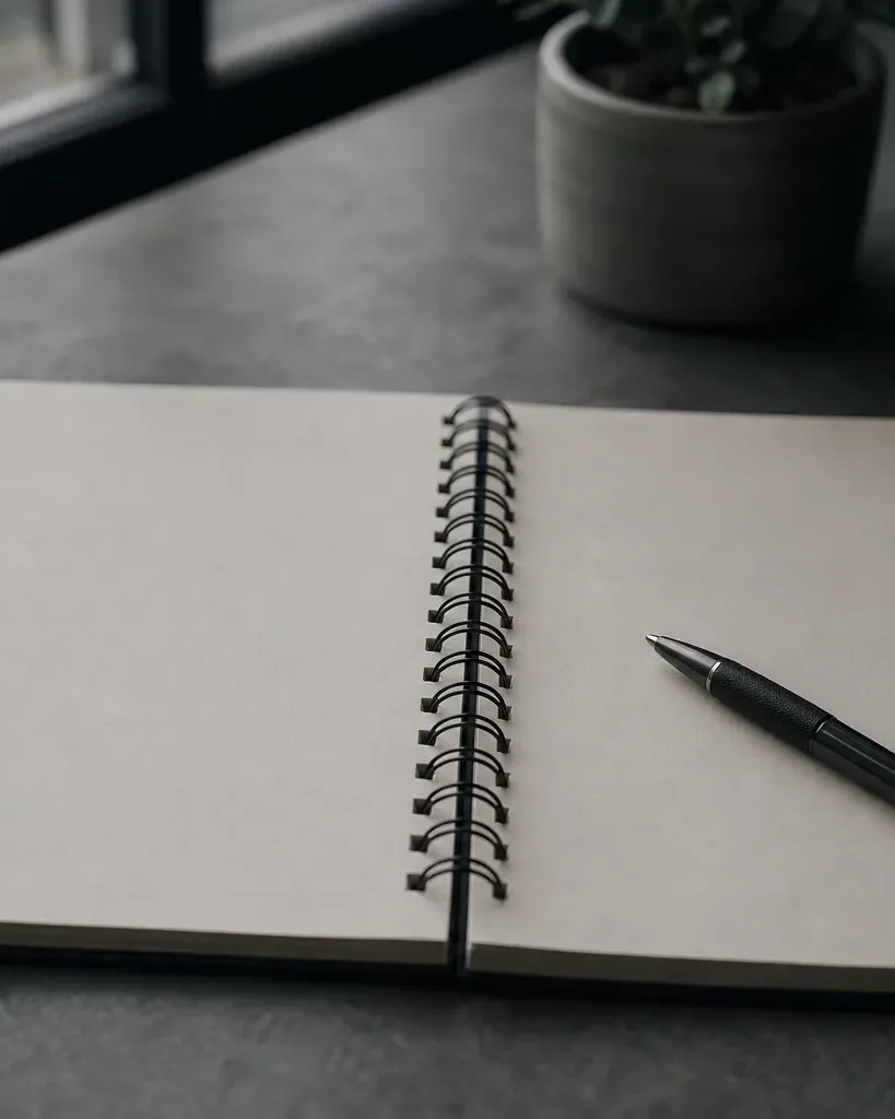 An open spiral notebook with blank pages and a pen resting across the right-hand page, on a dark desk beside a potted plant and a mug