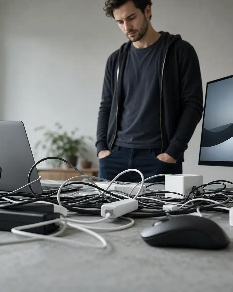 A person stands at a work surface covered in a tangle of cables, adapters, and a wireless mouse, beside an open laptop and a monitor