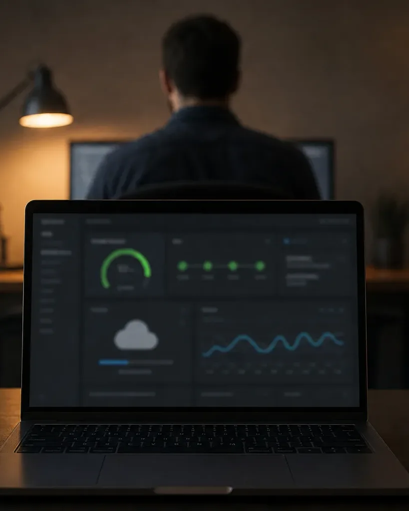 A person sits with their back to camera at a desk with monitors, lit by a warm desk lamp, while an open laptop in the foreground displays a dark dashboard with charts and a cloud icon, beside a black mug