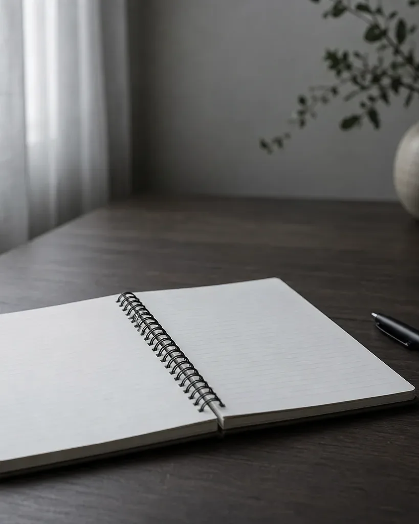 An open spiral notebook with blank pages lies on a dark wooden desk beside a ballpoint pen, with a vase of foliage and a mug visible in the background