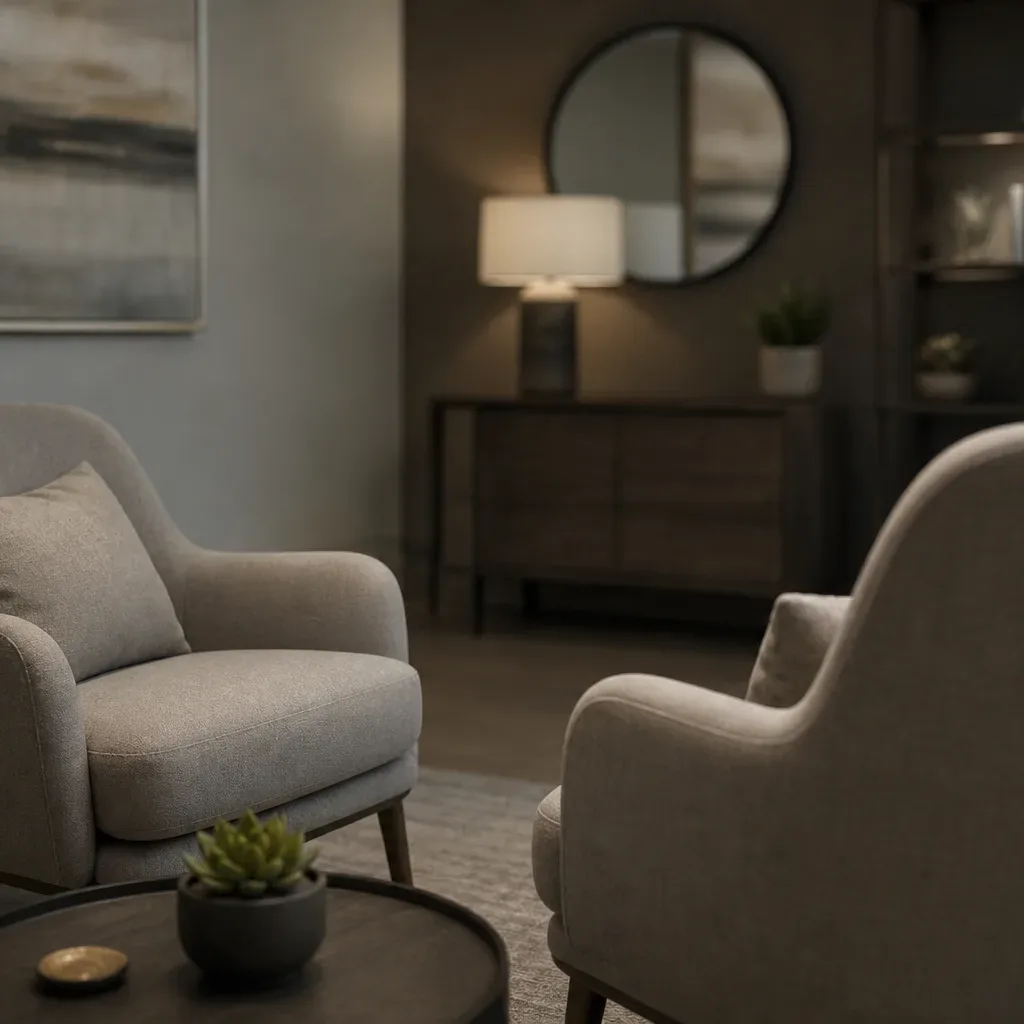 Two upholstered armchairs angled toward each other around a small round coffee table in a softly lit consultation room, with a dresser, lamp, and round mirror visible in the blurred background