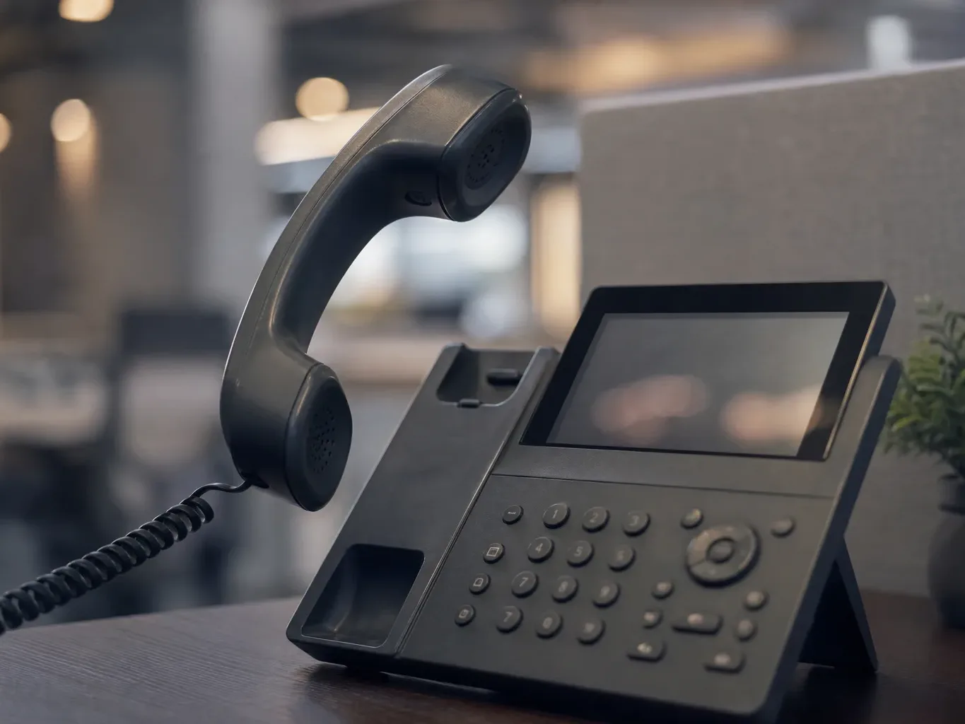 A desk telephone handset lifted off its base, cord trailing, sits on a dark wooden surface with a softly blurred open-plan office behind
