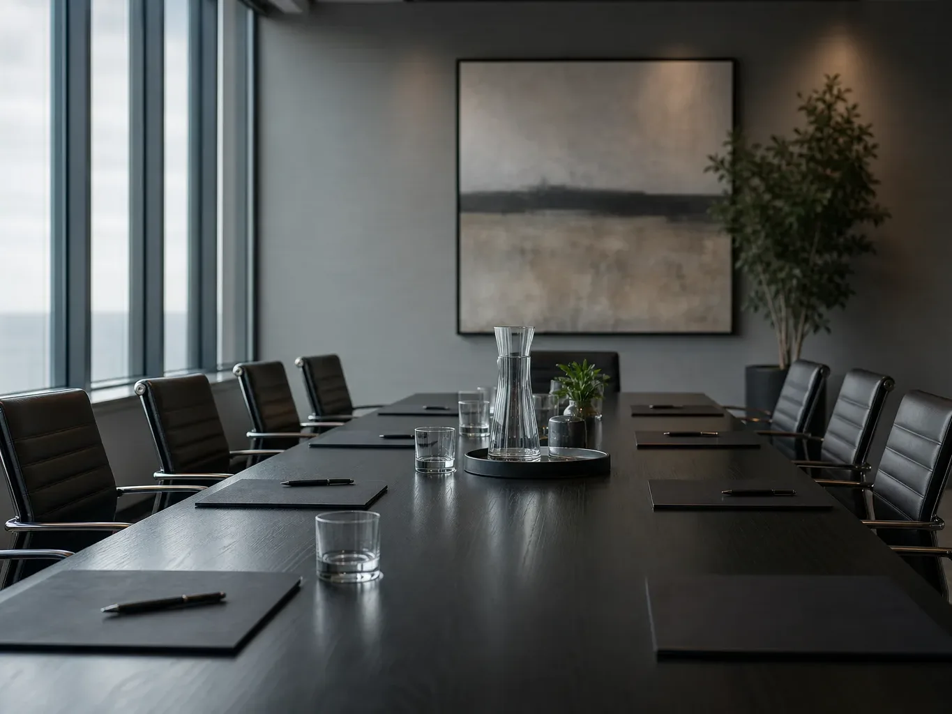 A long dark boardroom table set with notepads, pens, and water glasses, surrounded by dark leather chairs, with diffuse daylight from floor-to-ceiling windows and an abstract painting on the wall behind