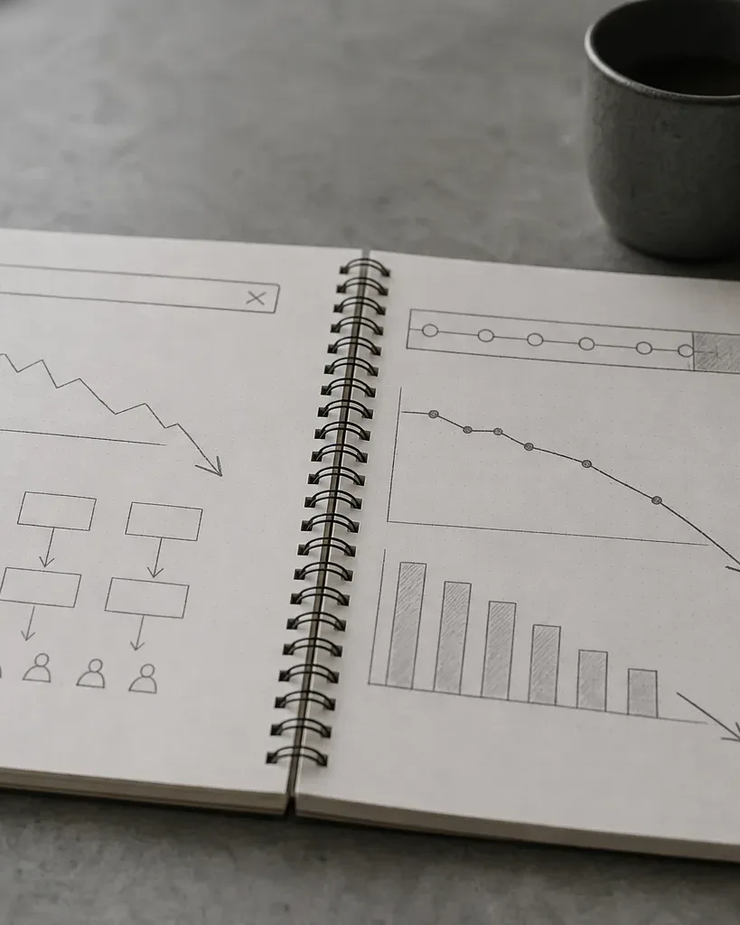 A spiral notebook lying open on a grey surface, its pages filled with hand-drawn declining graphs, flowcharts and bar charts, beside a grey mug and a small potted plant
