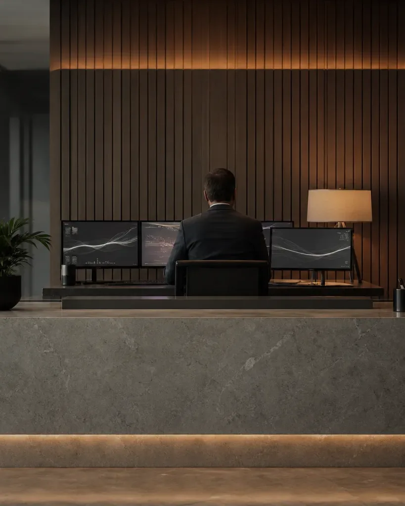 A person in a dark suit sits with their back to camera at a marble reception desk, working at three monitors showing abstract graphs, with a potted plant and a lit lamp nearby