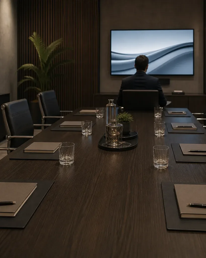 A person in a dark suit sits alone at the far end of a long dark-wood meeting table set with notepads, pens, and glasses, facing a large wall-mounted screen showing an abstract wave graphic, in a warmly lit boardroom