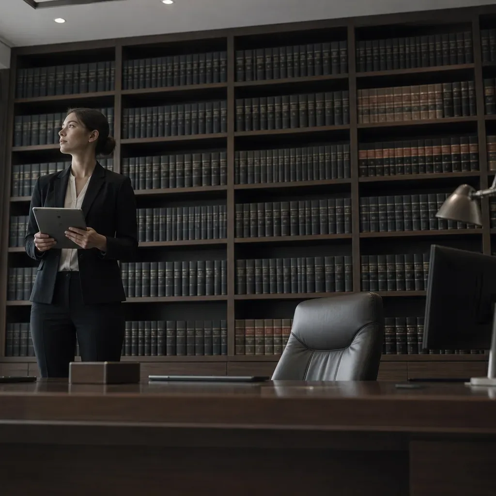 A person in a dark suit holds a tablet and stands beside a full-height bookcase of legal volumes behind a large partner's desk with a leather chair and desk lamp
