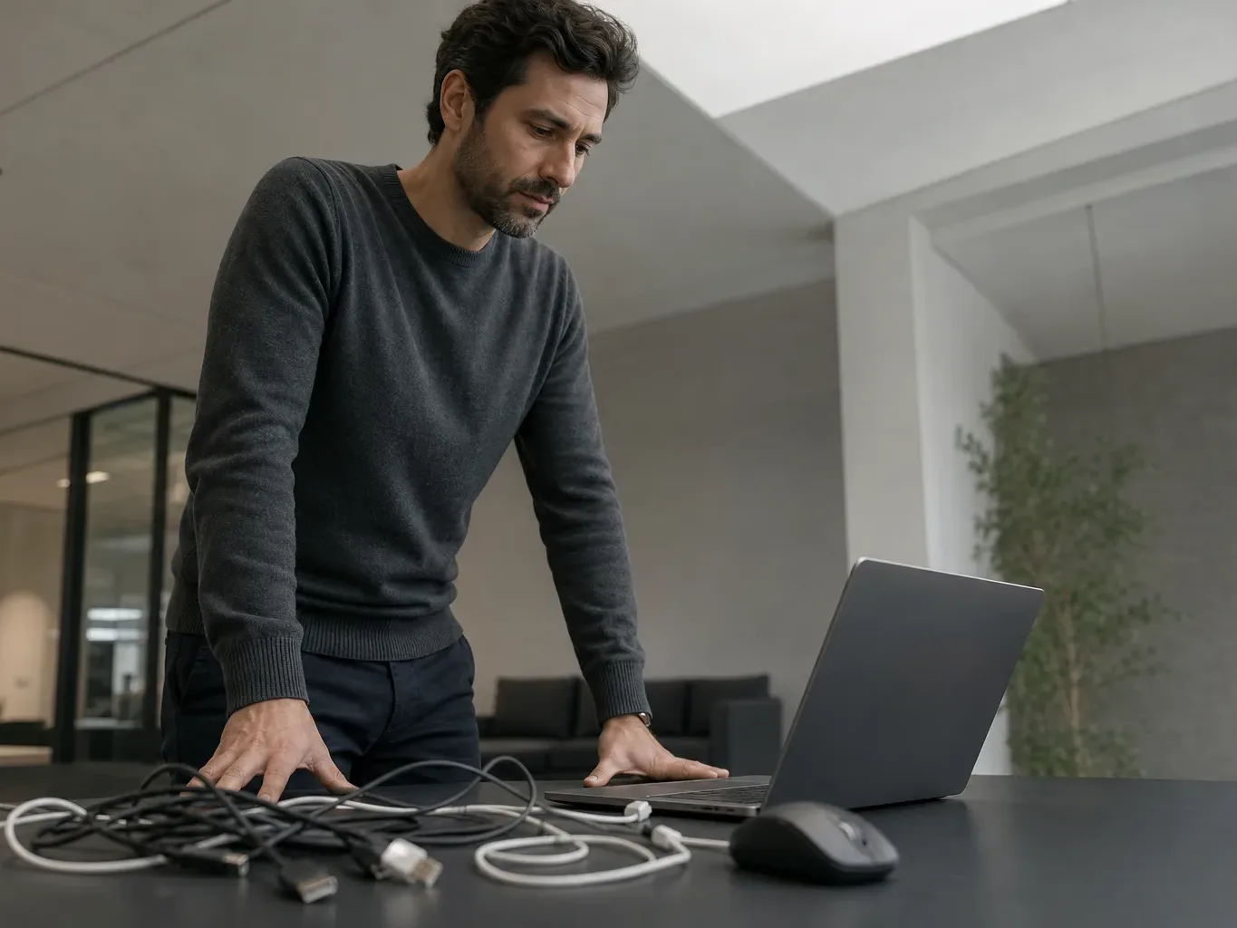 A person stands leaning over a dark work surface, using a laptop surrounded by a tangle of cables and a wireless mouse, in a modern open-plan office