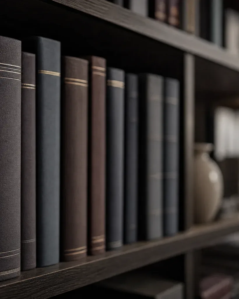 A row of dark-bound volumes stands upright on a wooden bookshelf, with a ceramic vase and a softly glowing lamp visible in the blurred background