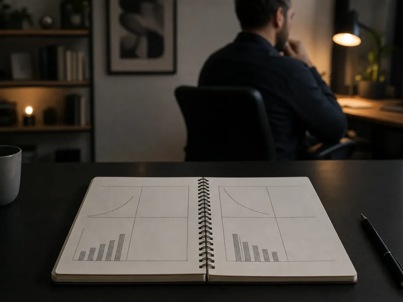 A spiral notebook lying open on a dark desk beside a pen, with sketched graphs on its pages, a mug to one side, and a person seated with their back to camera in warm lamplight beyond