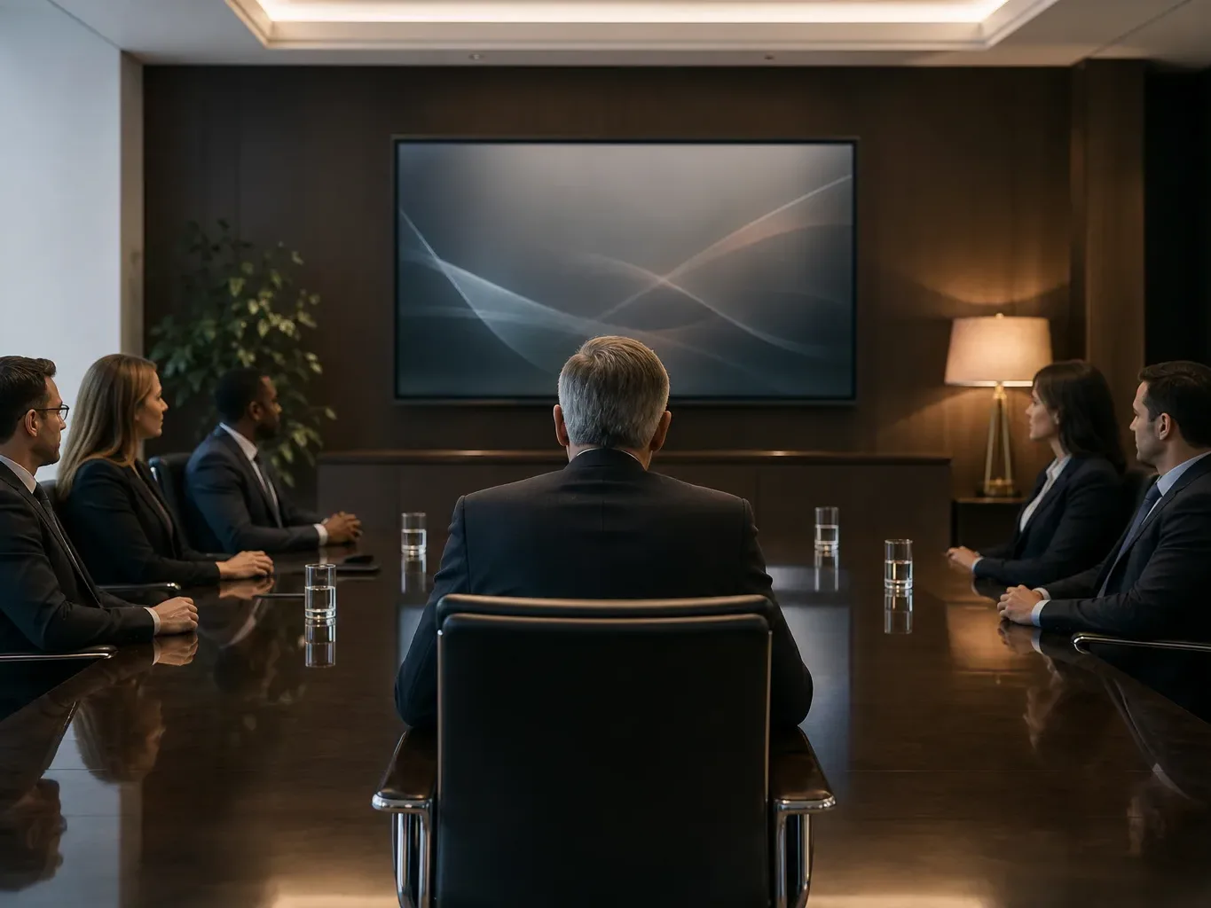 Five people in dark business attire sit around a polished conference table in a dimly lit meeting room, facing a large screen displaying an abstract design