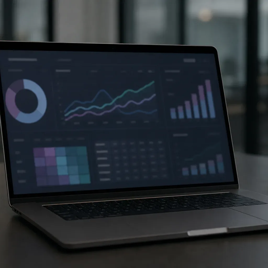 An open laptop on a dark desk displays a data dashboard with colourful charts and graphs, beside a mug and a small potted plant
