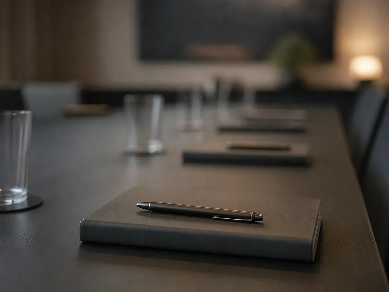 A long dark meeting table set with notepads and pens, a single notepad and pen sharp in the foreground, water glasses and further place settings dissolving into warm blur behind