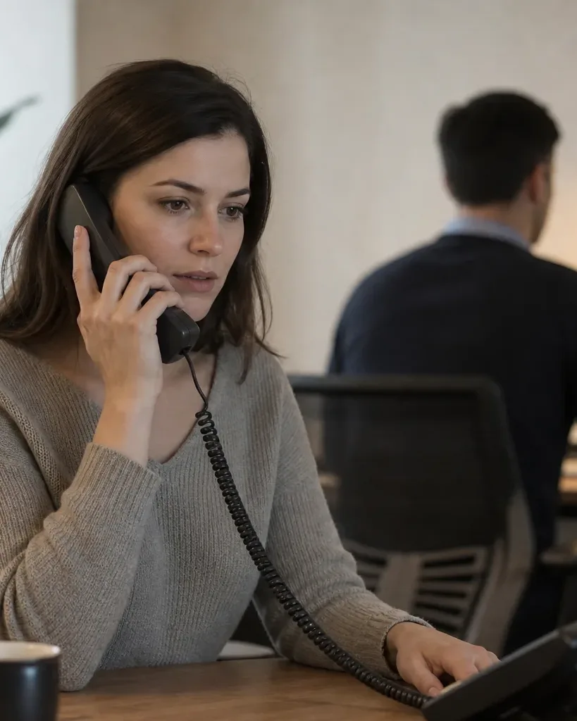 A person at an office desk talks on a corded telephone handset while using a tablet, with a colleague working at a lit desk in the background