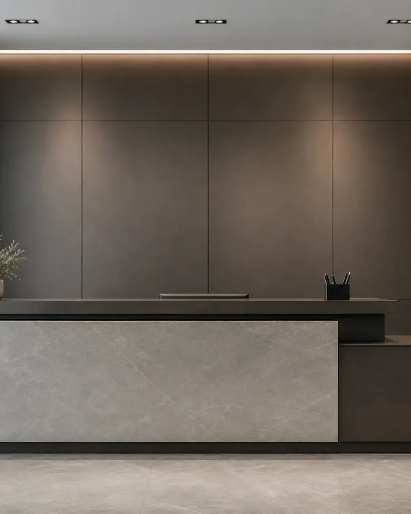 A modern reception desk faced in grey stone with a dark top, holding a small potted plant and a pen holder, set against a panelled wall with recessed lighting