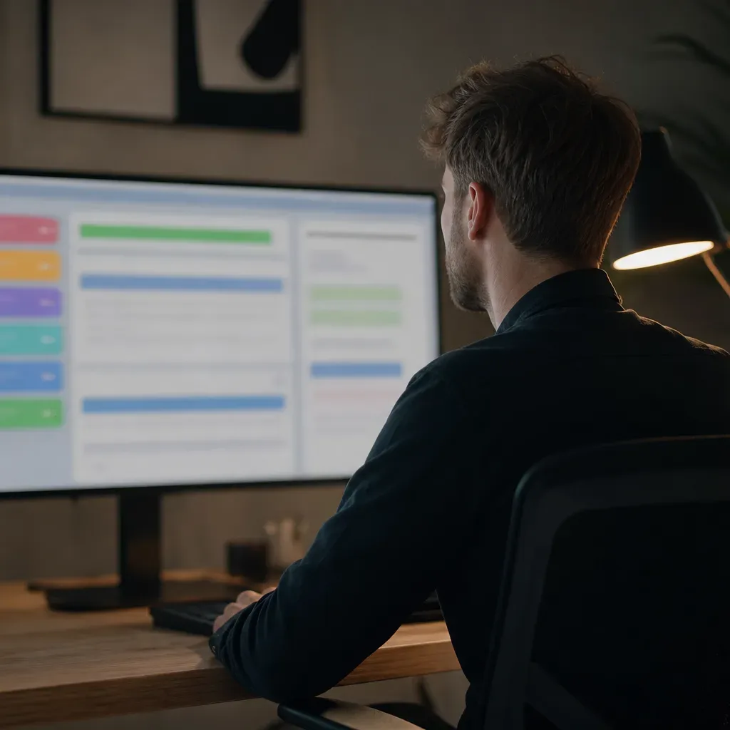 A person sits with their back to the camera at a home desk, looking at a wide monitor displaying a colourful blurred interface, lit by a warm desk lamp
