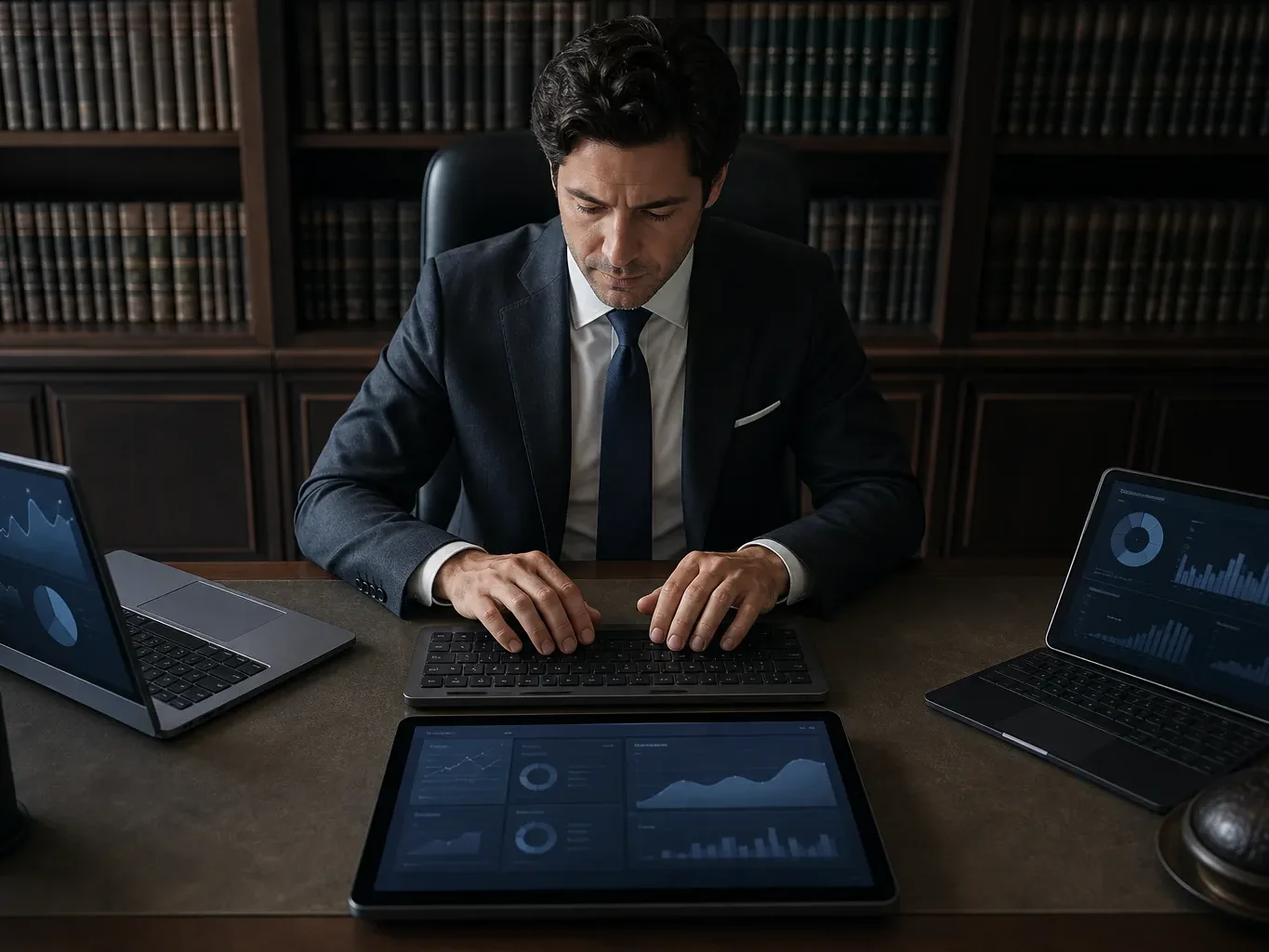 A person in a dark suit works at a keyboard on a large desk, with multiple devices displaying dashboard graphs open around them, in front of floor-to-ceiling bookshelves filled with volumes