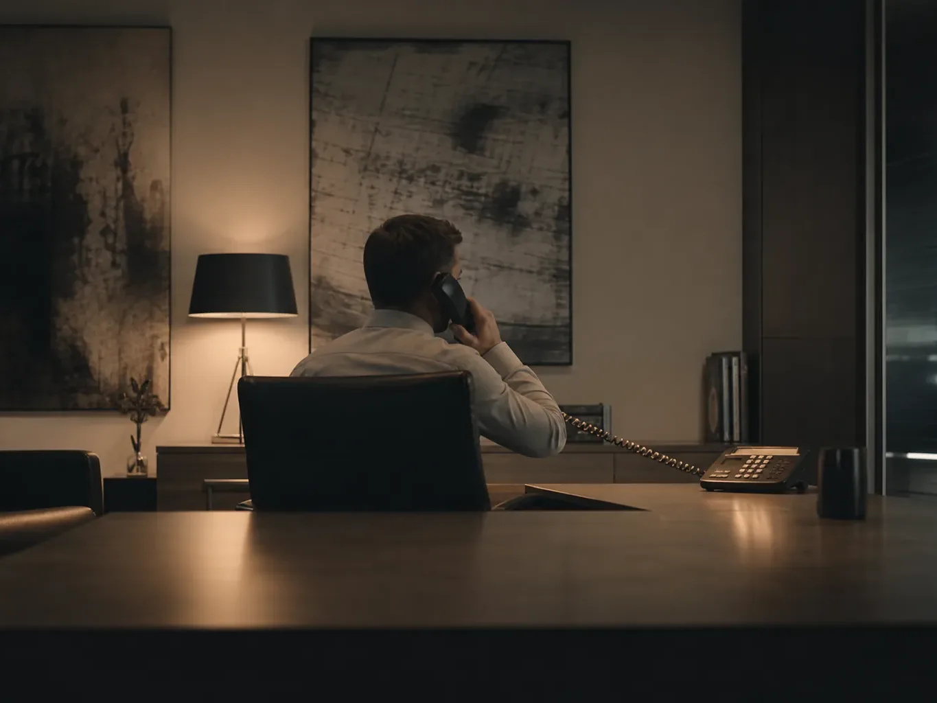 A person sits with their back to camera in a dimly lit office, holding a corded telephone handset to their ear beside a desk lamp