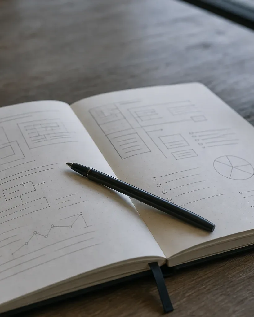 An open notebook filled with hand-drawn wireframes, flowcharts, and a line graph lies on a wooden desk beside a pen, a mug, and a small potted plant