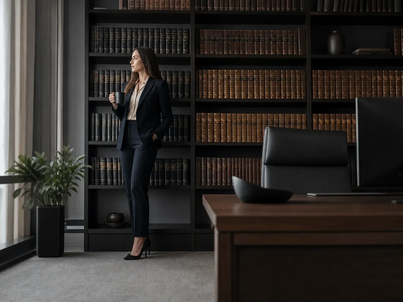 A person in a dark suit holds a mug whilst standing beside a floor-to-ceiling bookcase filled with leather-bound volumes, next to a large wooden desk in a professional office