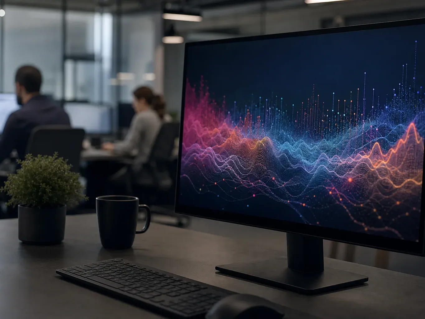 A wide monitor displaying an abstract colourful data visualisation sits on a dark desk beside a mug and small plant, with two people working at blurred workstations behind
