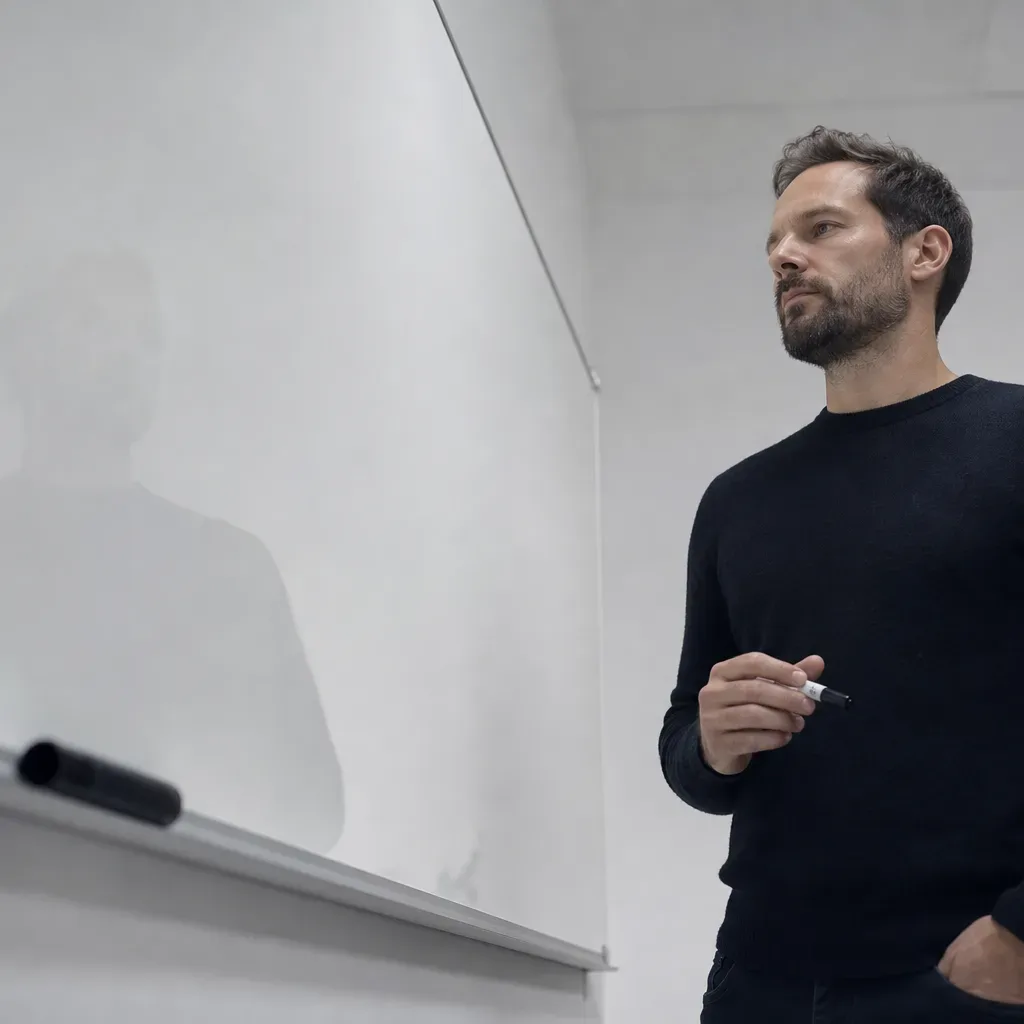 A person in a black jumper stands beside a whiteboard holding an uncapped marker, looking to one side