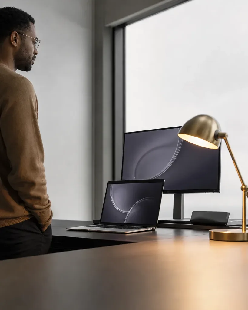 A person in a tan sweater stands at a dark desk looking at a laptop and monitor, beside a brass desk lamp casting warm light, with shelving visible behind
