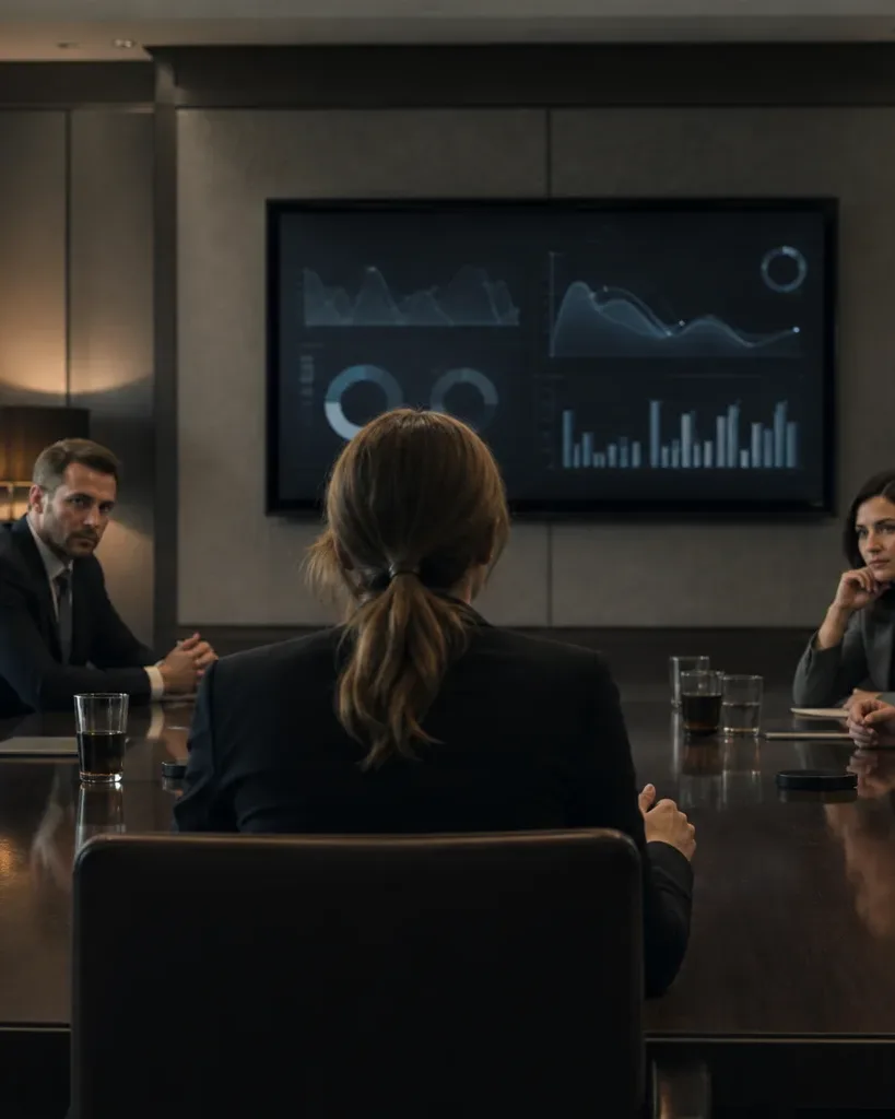 Five people in business attire sit around a polished conference table in a dimly lit meeting room, facing a wall-mounted screen displaying charts and graphs