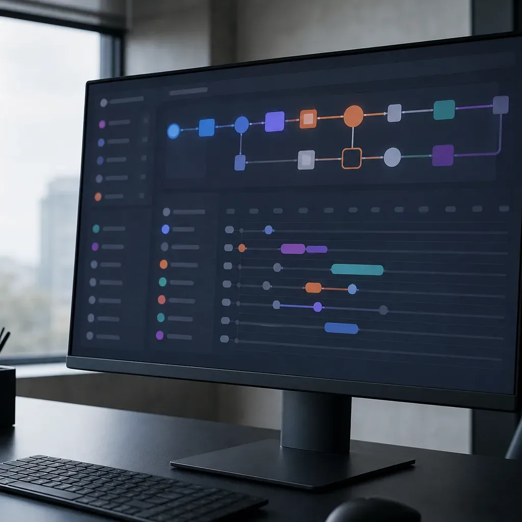 A wide monitor on a dark desk displays an abstract workflow diagram with coloured nodes and a timeline chart, with diffuse daylight entering from a window to the left