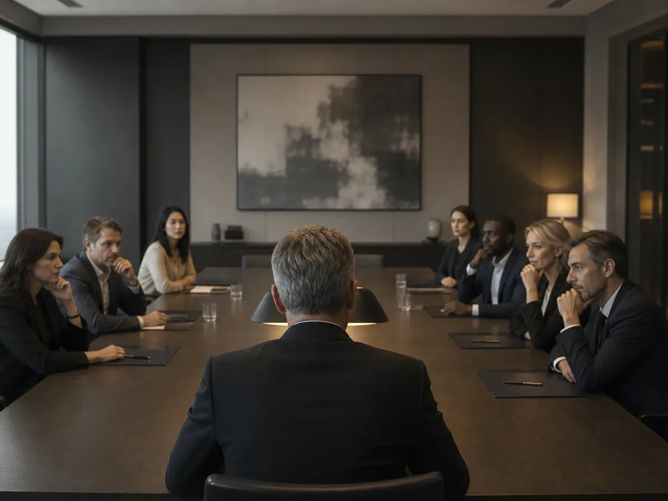 A group of people in business attire seated around a long dark conference table in a dimly lit meeting room, facing a person whose back is to the camera