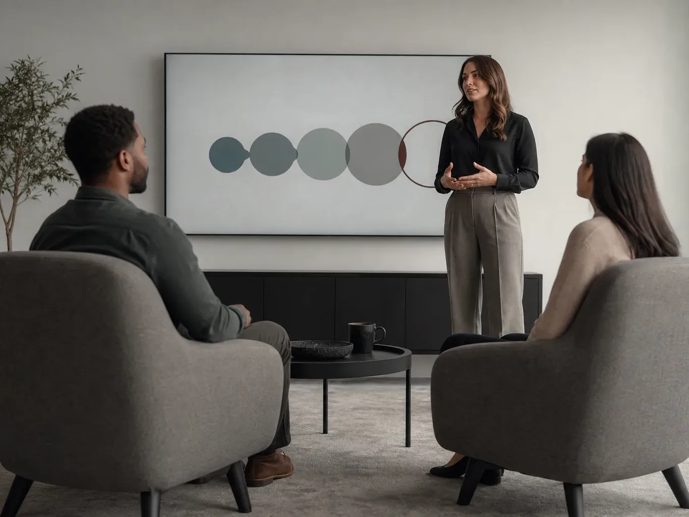 A person stands beside a large display showing abstract circles while two people seated in upholstered chairs listen in a modern consultation room