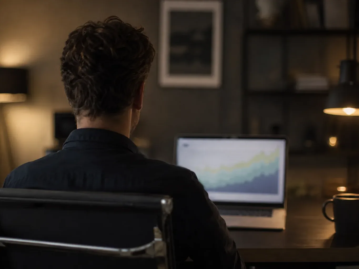 A person sits with their back to the camera at a desk in a dimly lit room, viewing a laptop screen displaying an upward-trending chart, a mug and desk lamp beside them