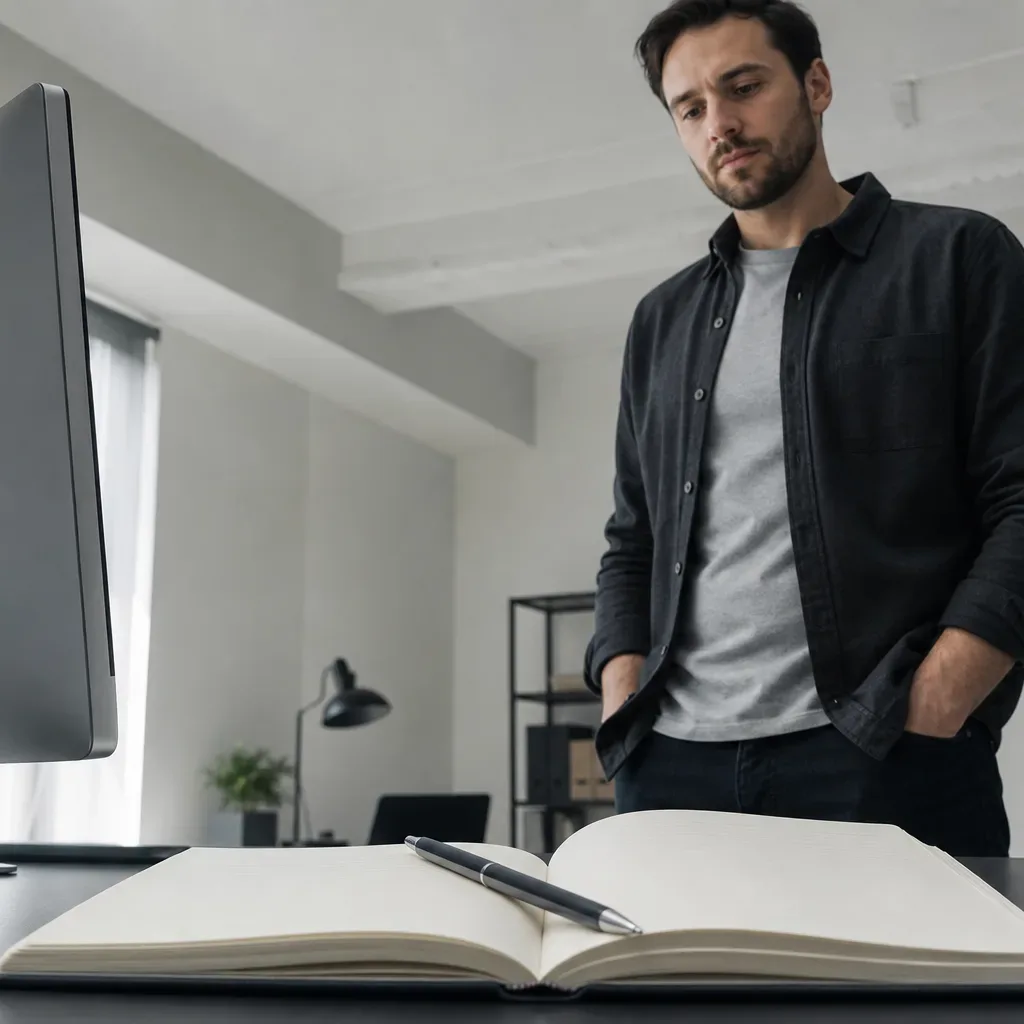 A person stands at a desk beside a large monitor, looking down at an open notebook with a pen resting across its blank pages